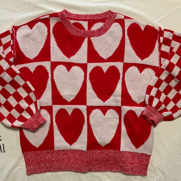 Sweaters - Red and White Heart Pattern Sweater